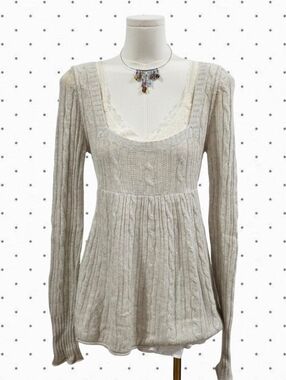 Abercrombie vintage cream grey cable knit square neck sweater babydoll top